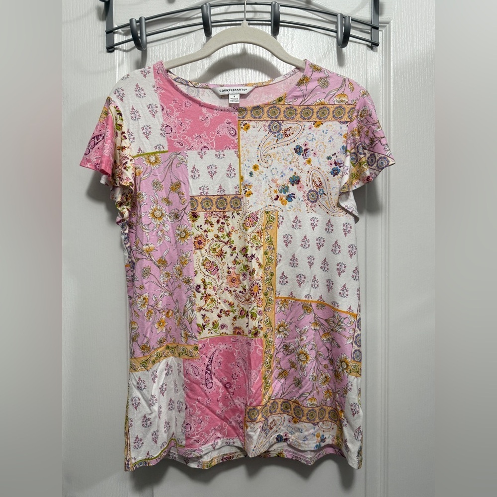Counterparts Women S‎ Paisley Floral Patchwork Print Top Flutter Tee Cottagecore